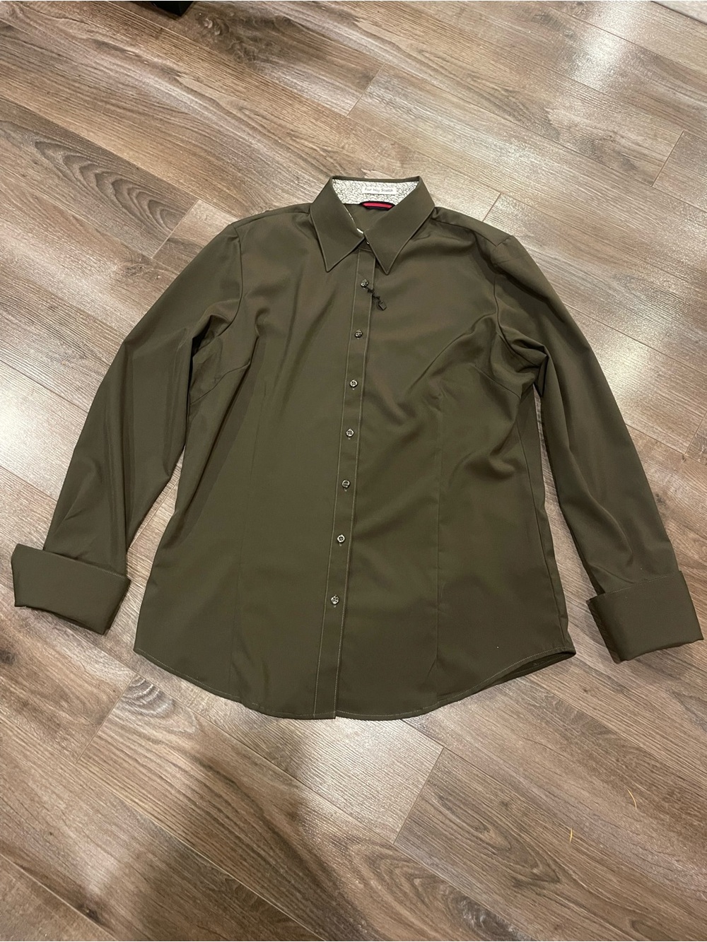 Dark Olive Green 4-Way Stretch Button Down Shirt M Statement Cuffs